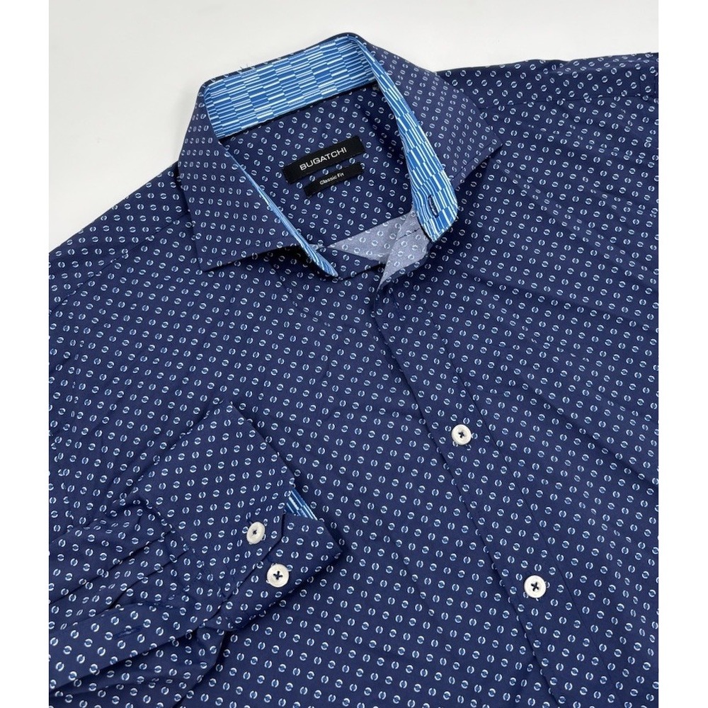 Bugatchi Men's M Classic Fit Nylon Blue Patterned Long Sleeve Button Shirt